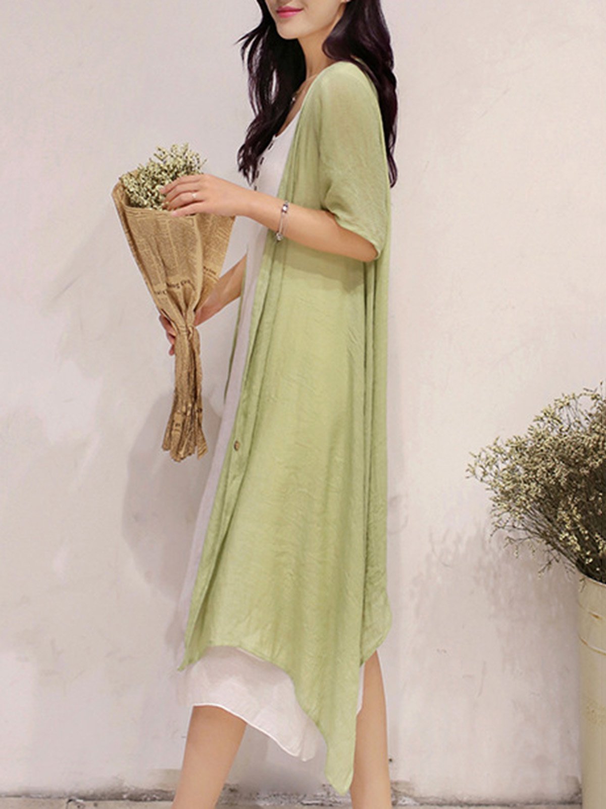 Casual Solid Buttoned Round Neck Half Sleeve Casual Dress