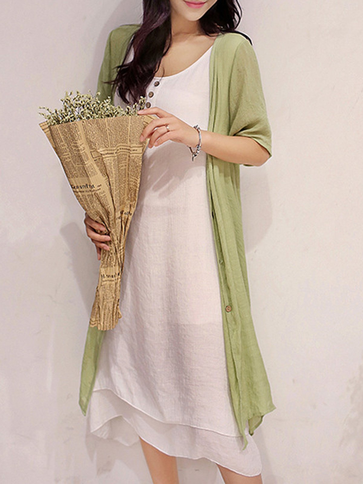 Casual Solid Buttoned Round Neck Half Sleeve Casual Dress