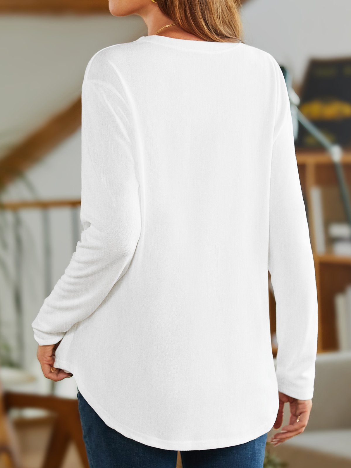 Cotton Casual Plain Long Sleeve Top