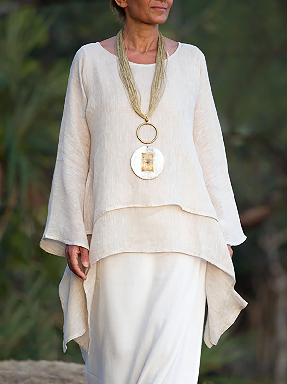 Solid Round Neck Linen Loosen Shirt & Blouses