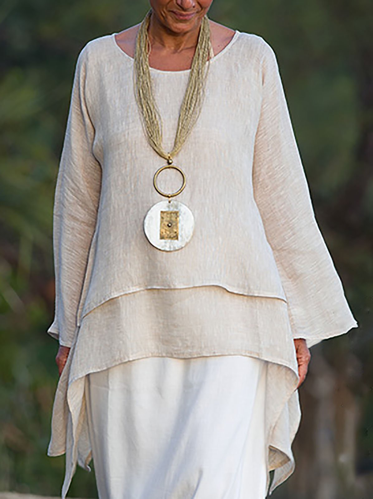 Solid Round Neck Linen Loosen Shirt & Blouses