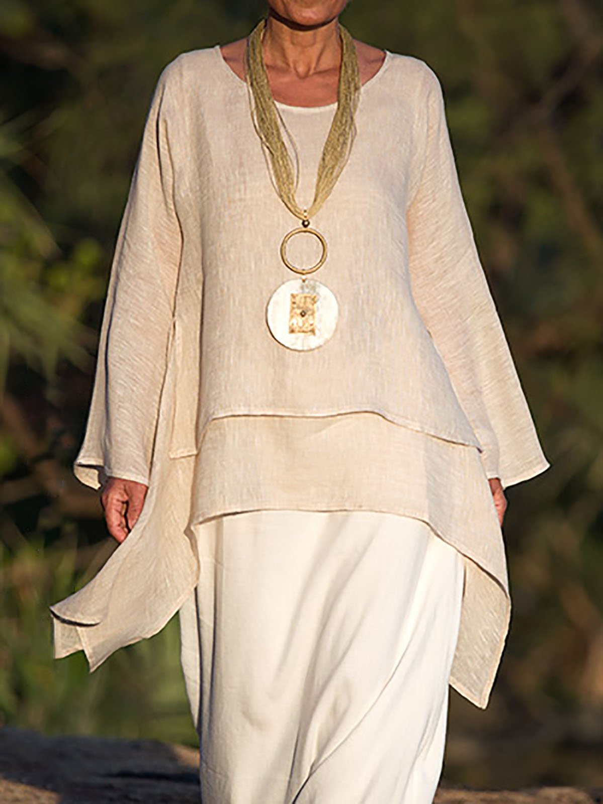 Solid Round Neck Linen Loosen Shirt & Blouses