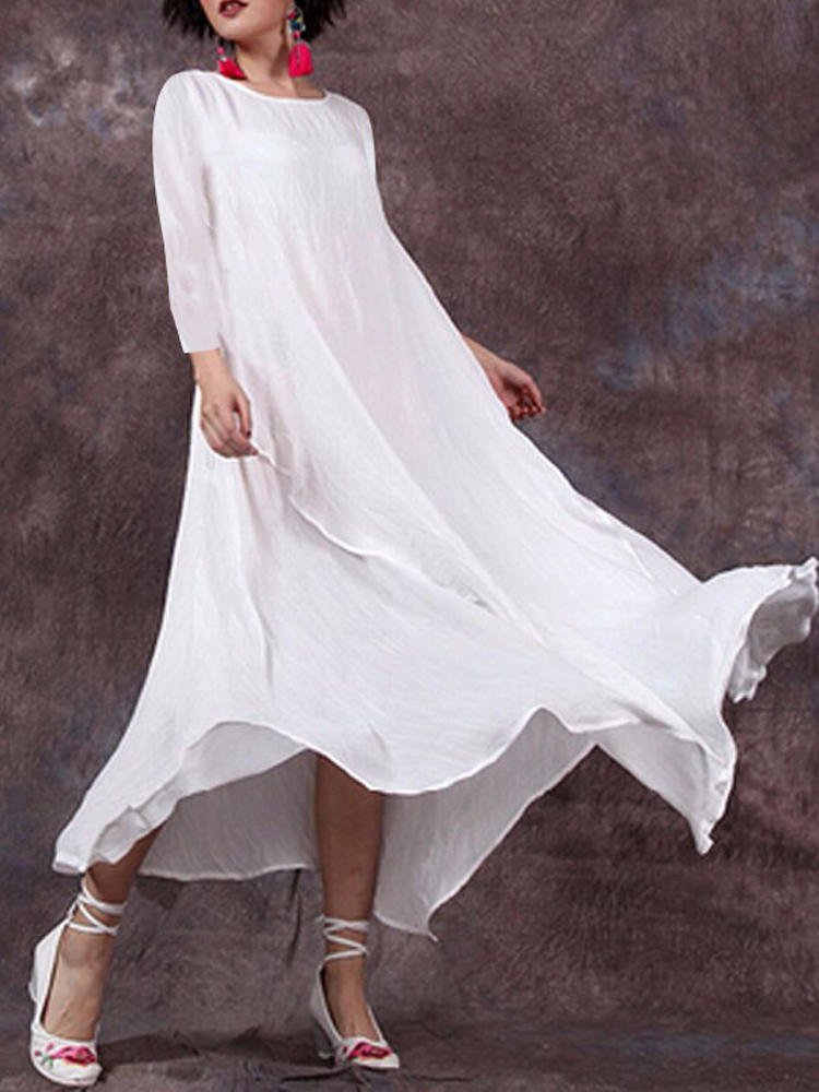Casual Solid Round Neck Big Hem Dress Summer Dress