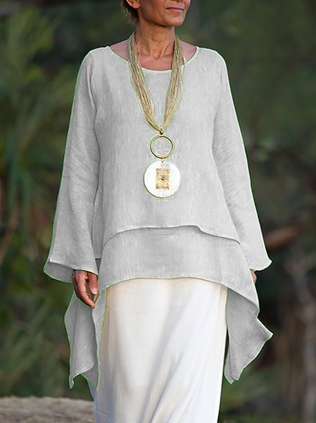Solid Round Neck Linen Loosen Shirt & Blouses