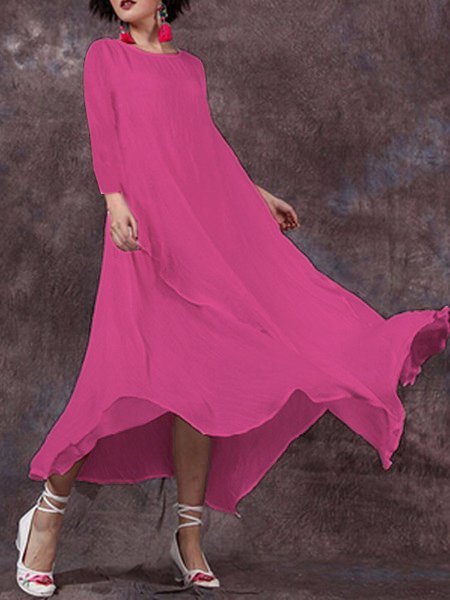 Casual Solid Round Neck Big Hem Dress Summer Dress