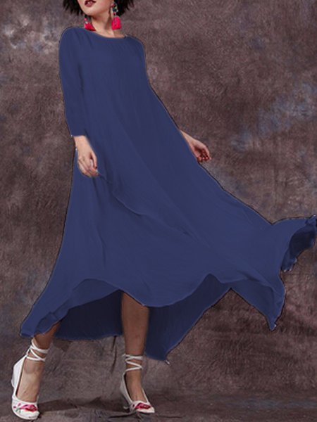 Casual Solid Round Neck Big Hem Dress Summer Dress