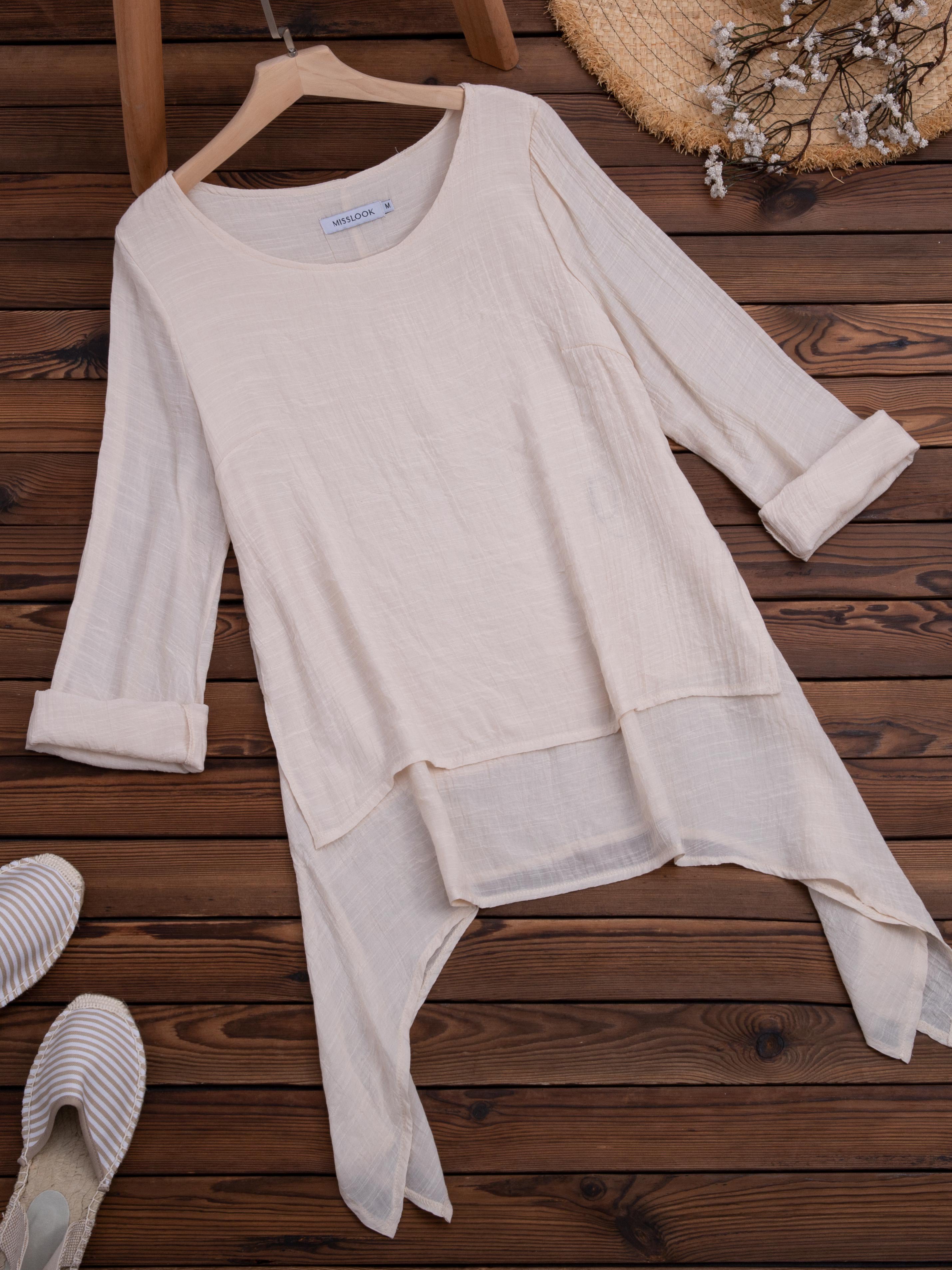 Solid Round Neck Linen Loosen Shirt & Blouses