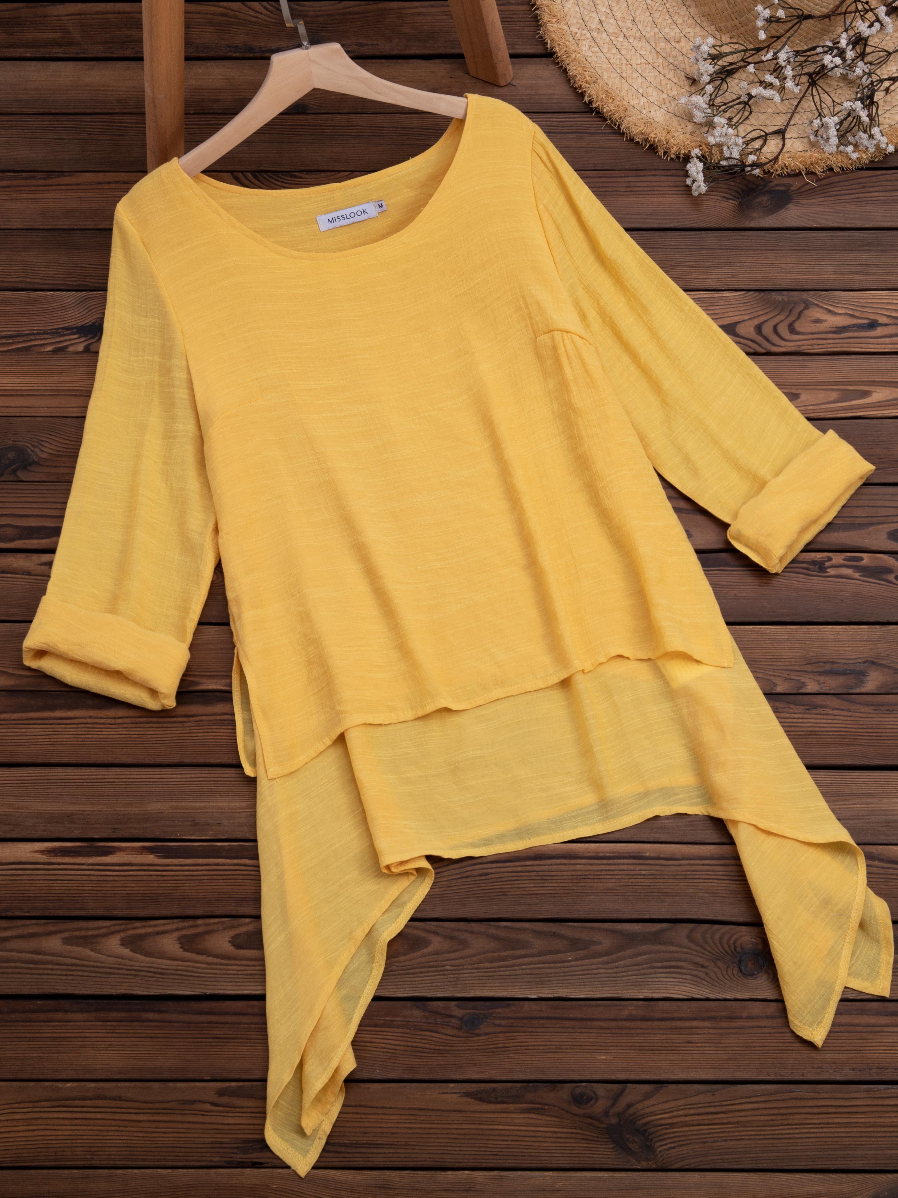 Solid Round Neck Linen Loosen Shirt & Blouses