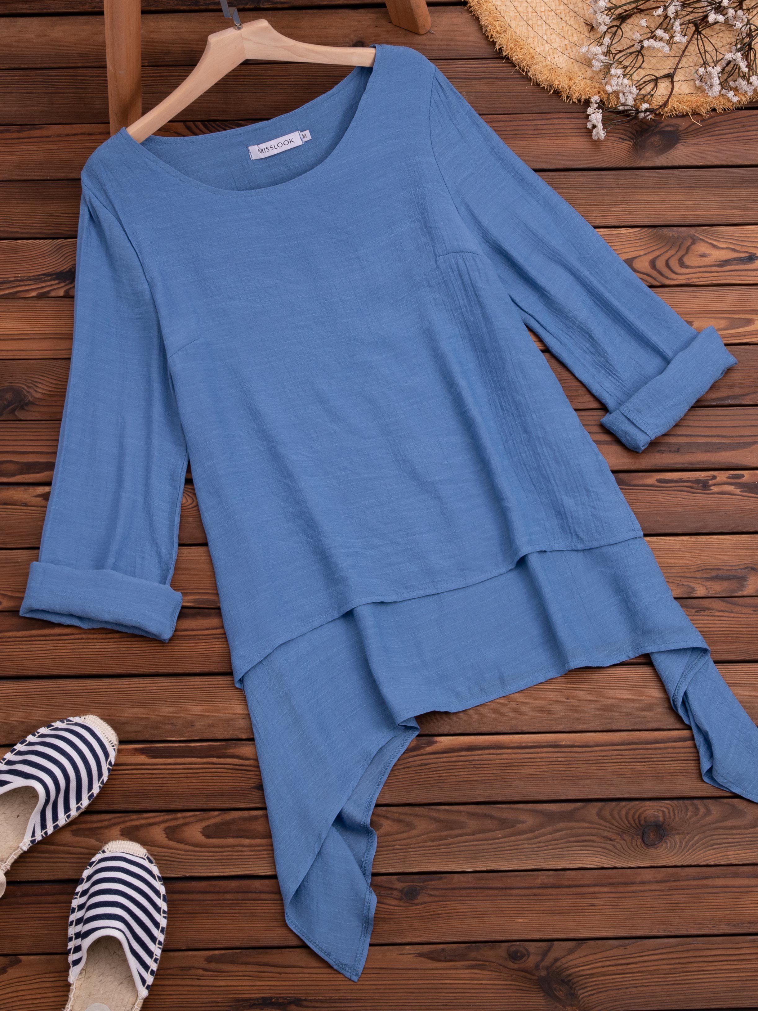 Solid Round Neck Linen Loosen Shirt & Blouses