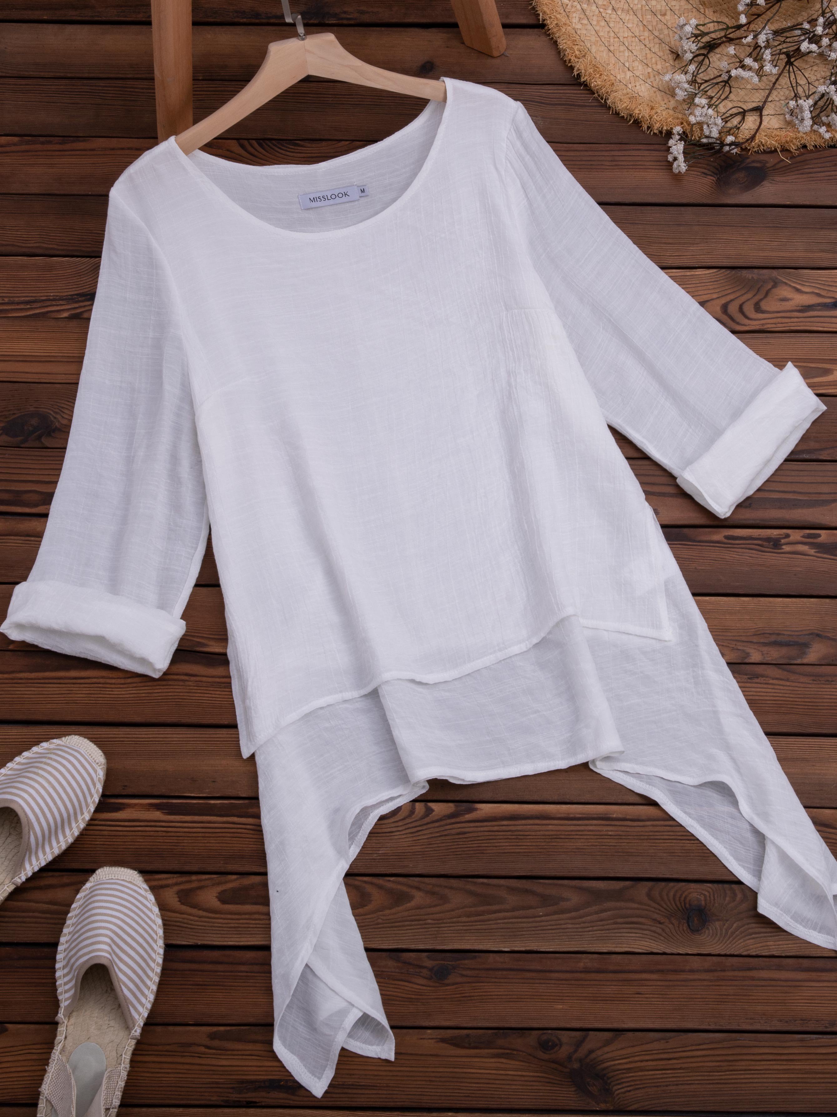 Solid Round Neck Linen Loosen Shirt & Blouses
