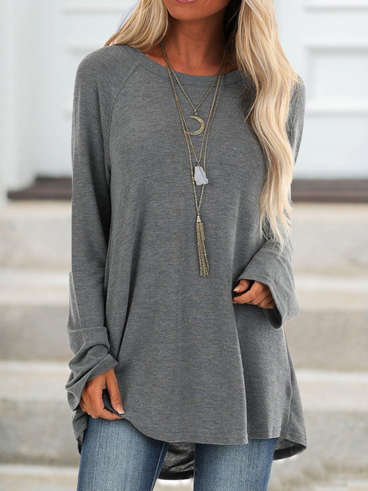 Round Neck Solid Loosen Casual Jersey T-shirt