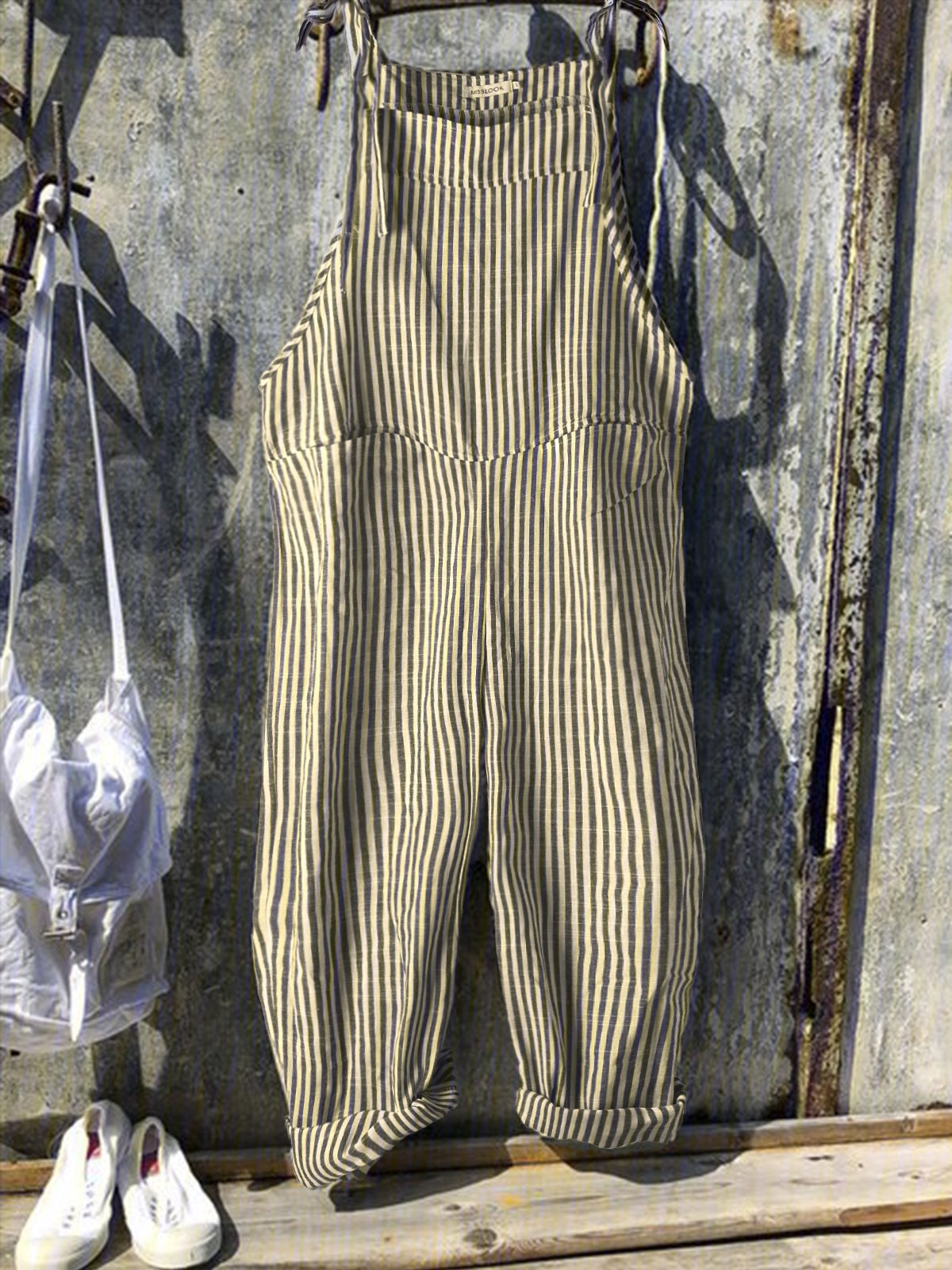 JFN cotton Vintage Black Gray Stripes Casual Jumpsuits