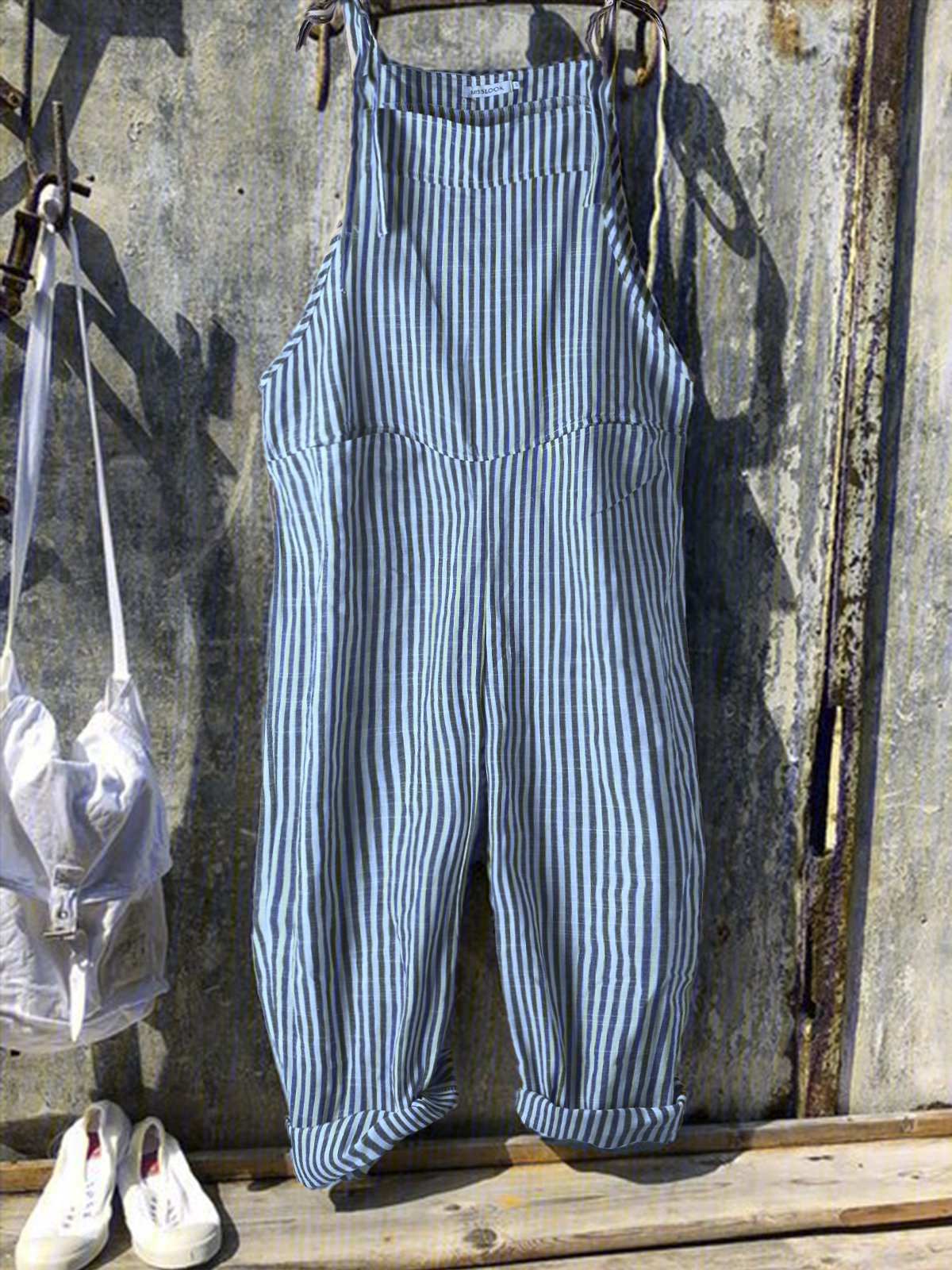 JFN cotton Vintage Black Gray Stripes Casual Jumpsuits