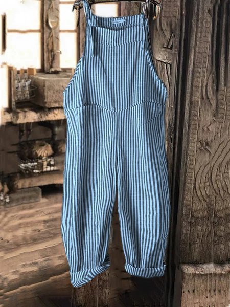 JFN cotton Vintage Black Gray Stripes Casual Jumpsuits