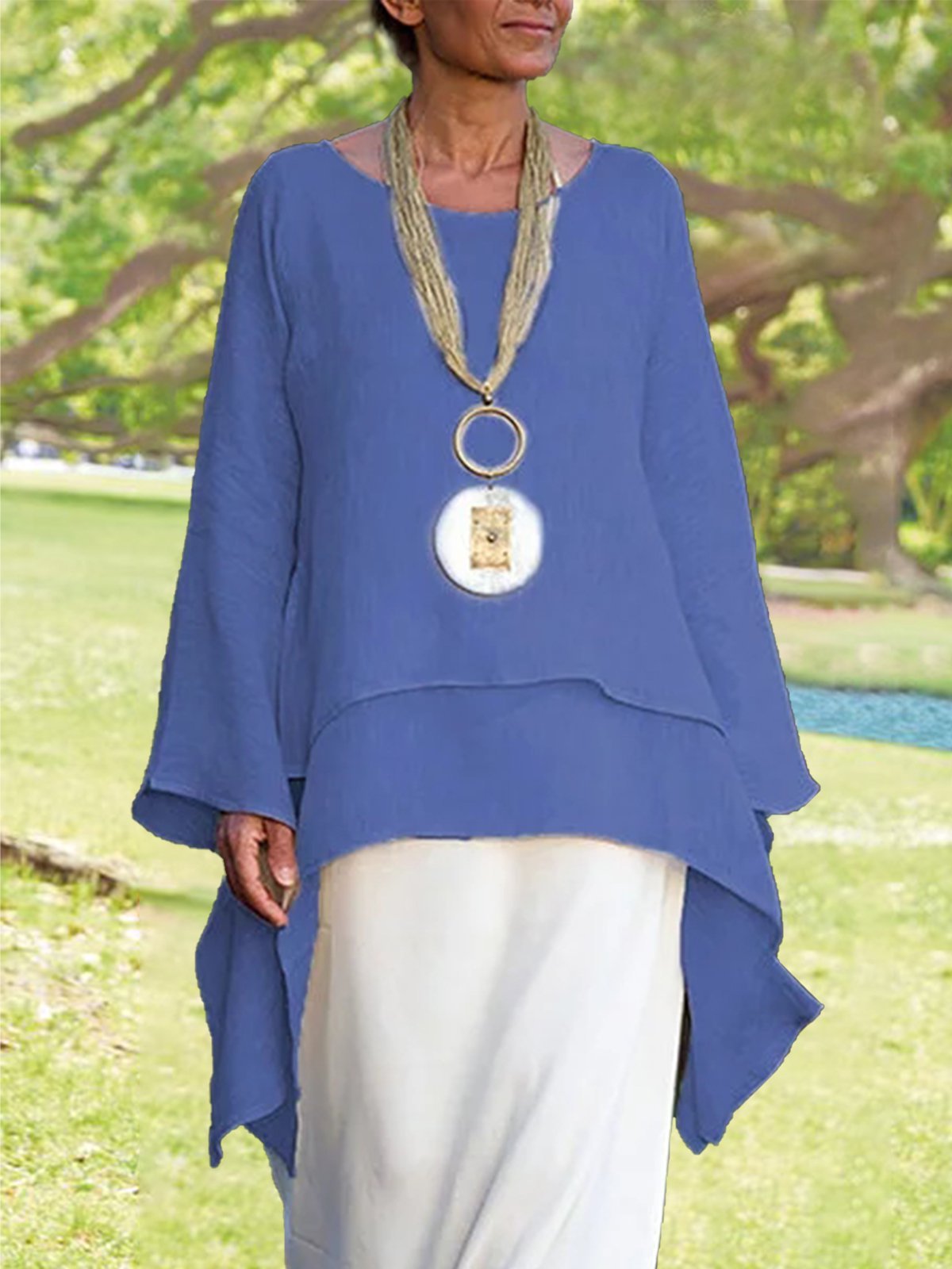 Solid Round Neck Linen Loosen Shirt & Blouses