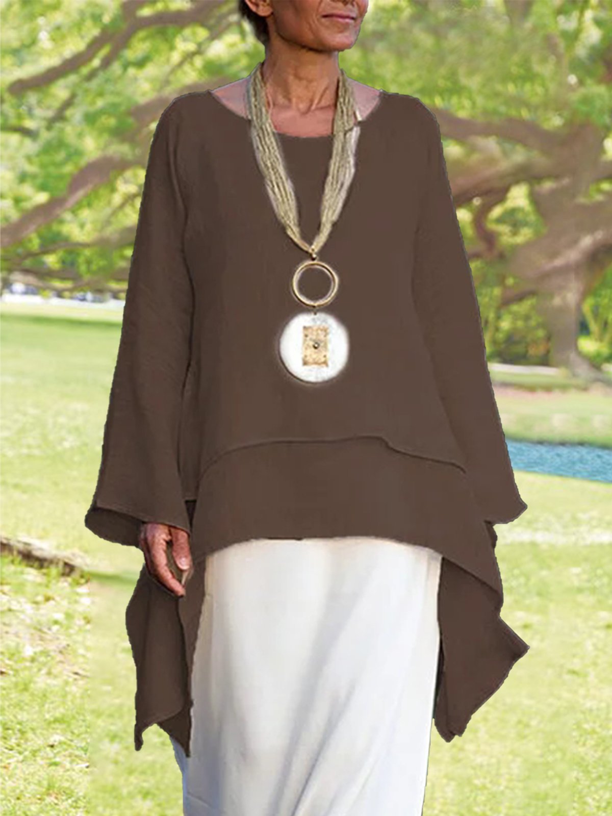 Solid Round Neck Linen Loosen Shirt & Blouses