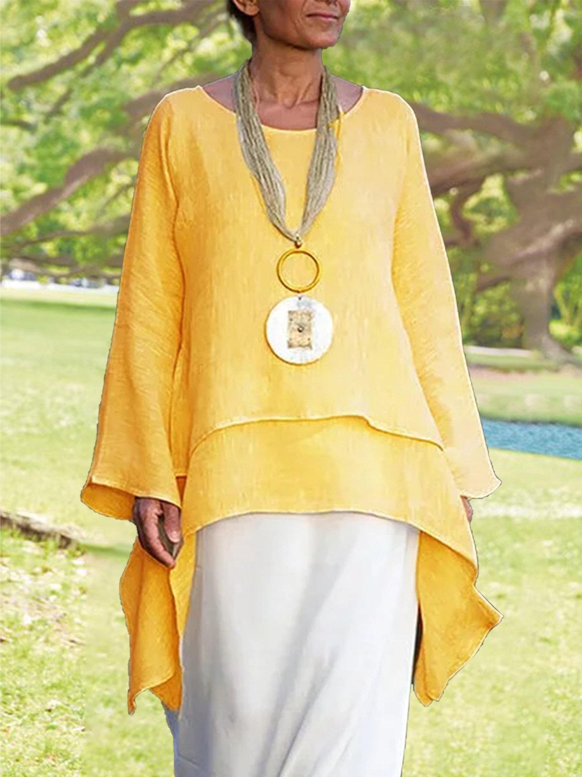 Solid Round Neck Linen Loosen Shirt & Blouses