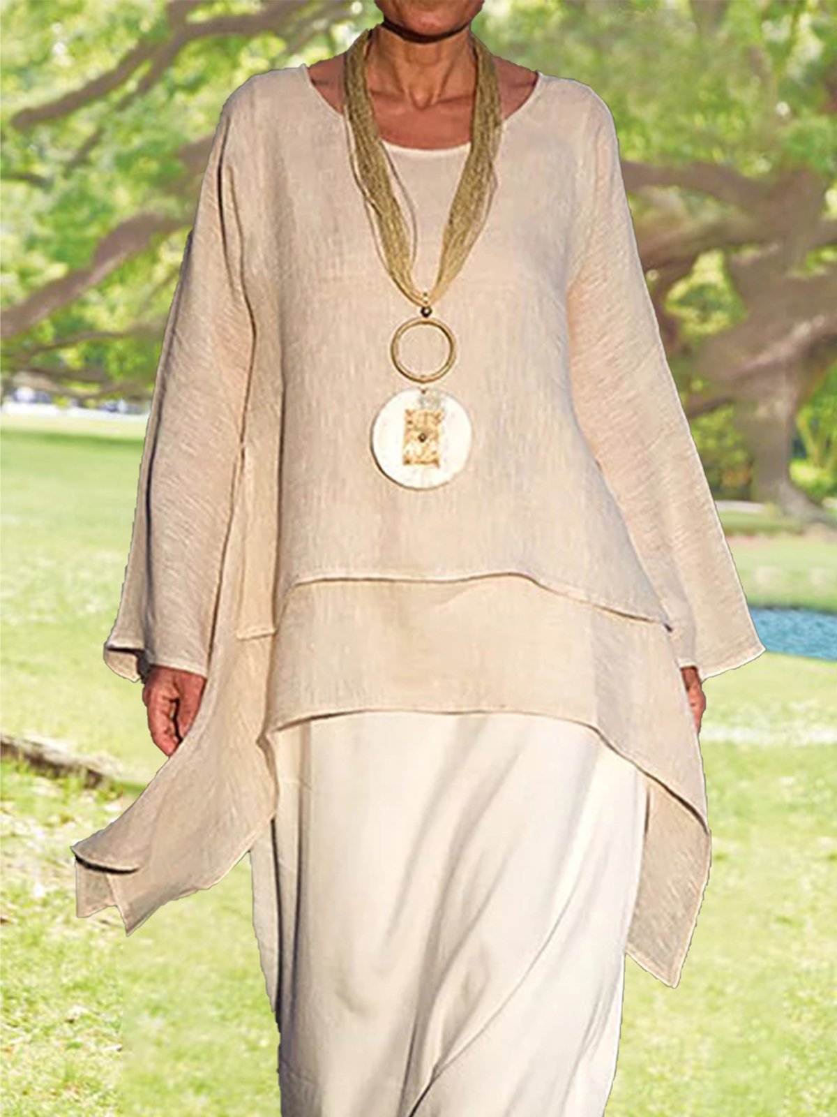 Solid Round Neck Linen Loosen Shirt & Blouses
