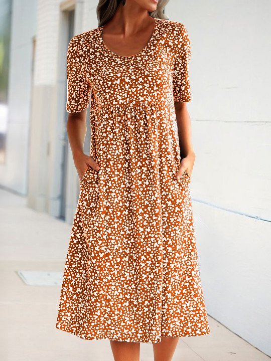 Vacation Crew Neck Printed Polyester Fibre Floral Dress