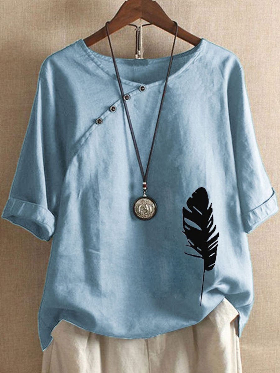Half Sleeve Loosen Printed Cotton Round Neck T-shirt
