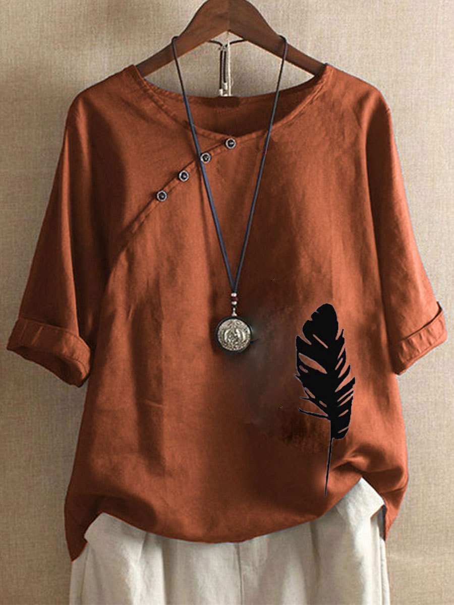 Half Sleeve Loosen Printed Cotton Round Neck T-shirt
