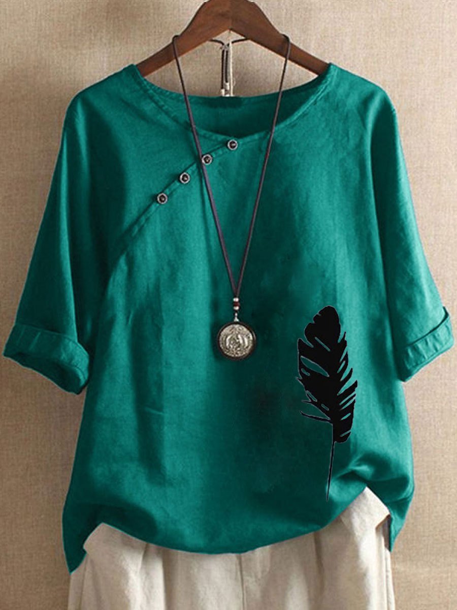 Half Sleeve Loosen Printed Cotton Round Neck T-shirt