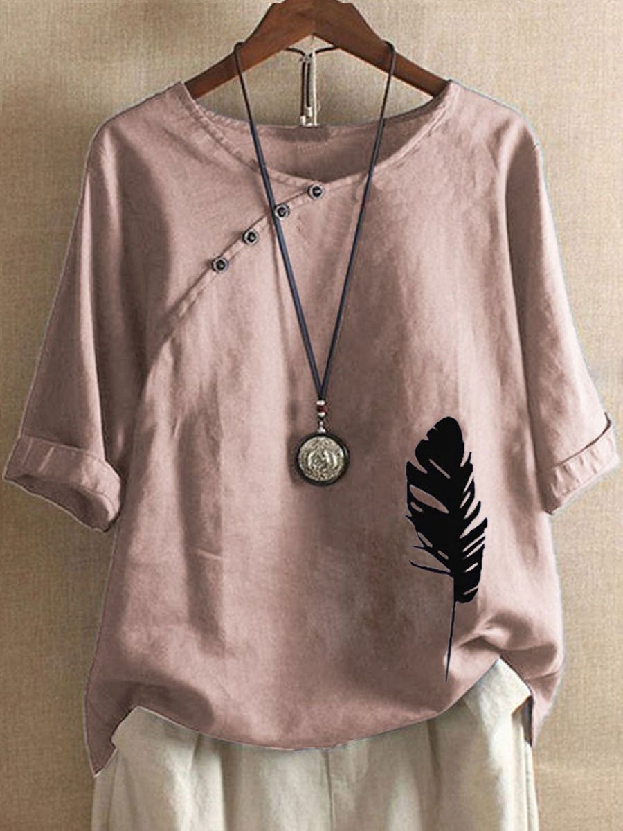 Half Sleeve Loosen Printed Cotton Round Neck T-shirt