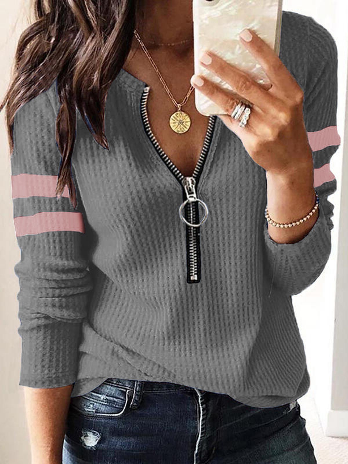 Cotton Blends Solid V Neck Loosen Shirt & Blouses