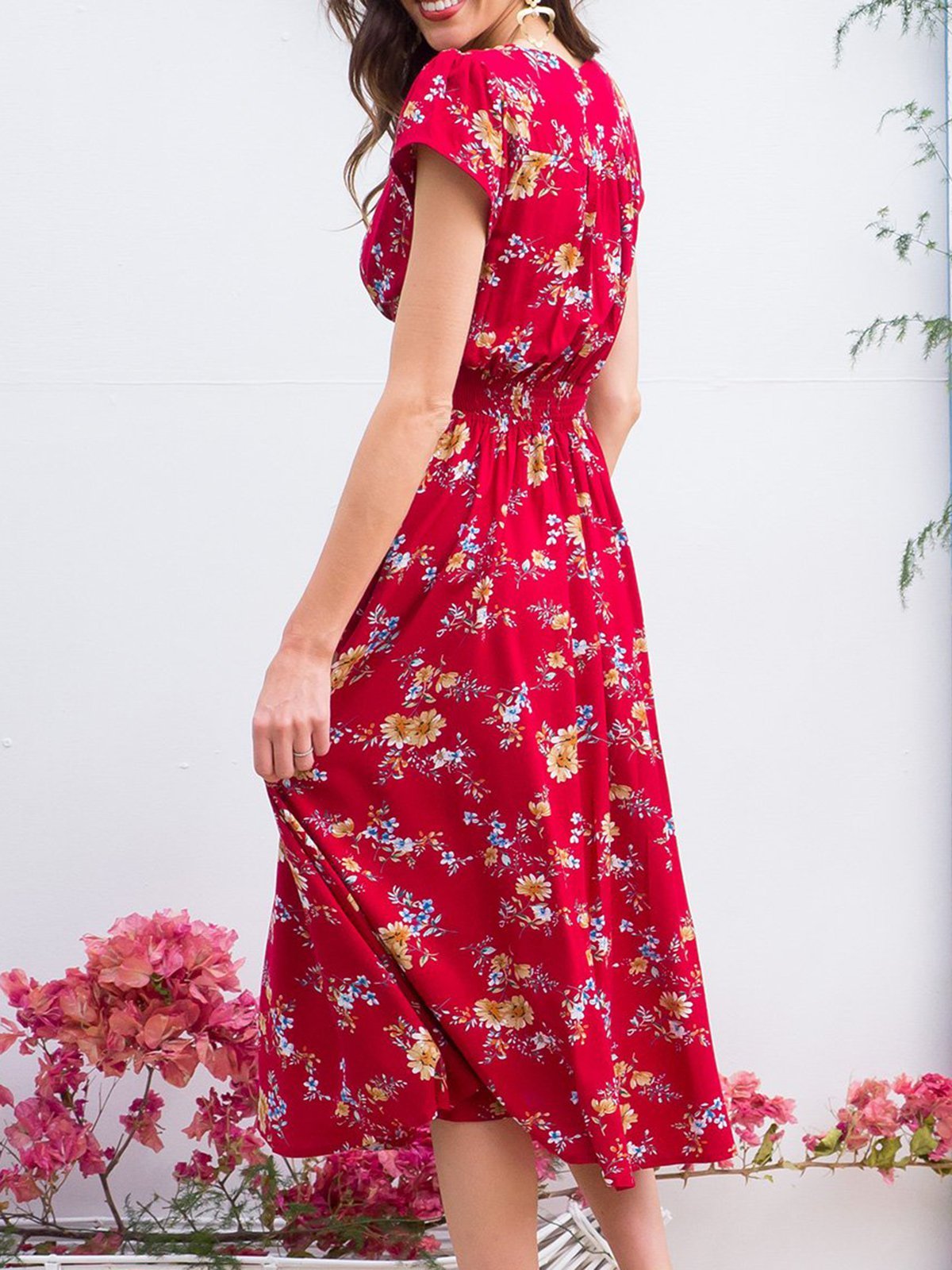 Floral Deep V Casual Cotton Blends Summer Dress