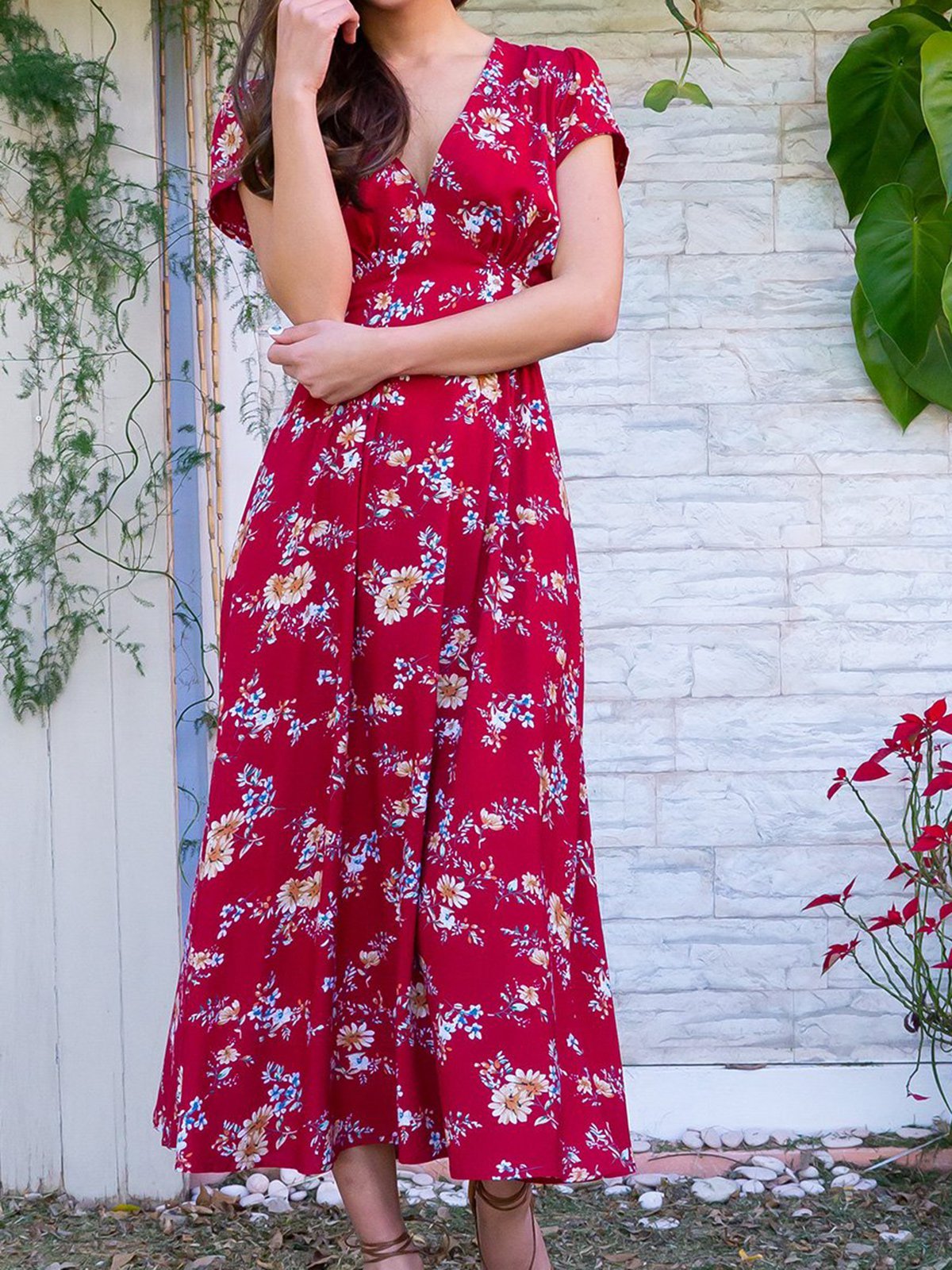 Floral Deep V Casual Cotton Blends Summer Dress