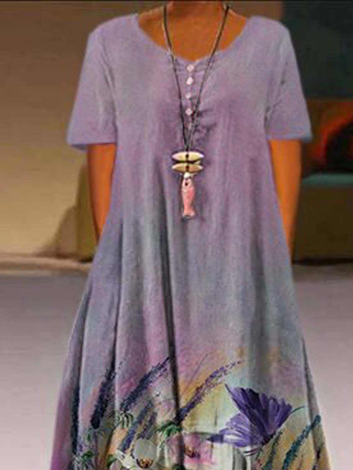 V Neck Cotton Blends Loosen Floral Dress