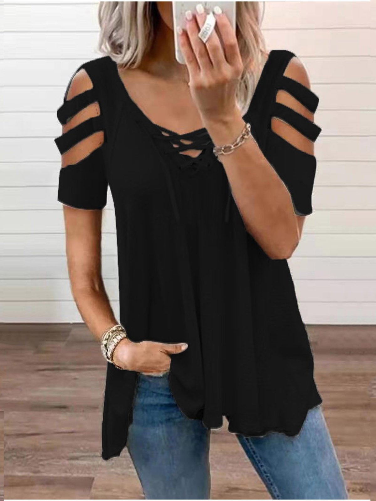 Solid Casual V Neck T-shirt