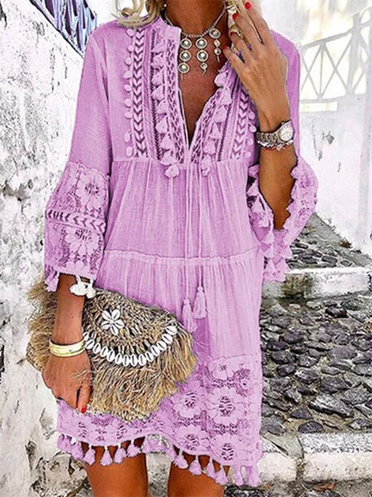 Plain Notched Regular Fit Boho Dress