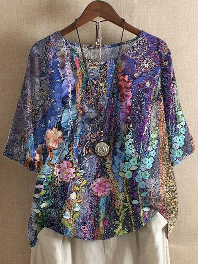 Half Sleeve Floral Casual Cotton Blends T-shirt
