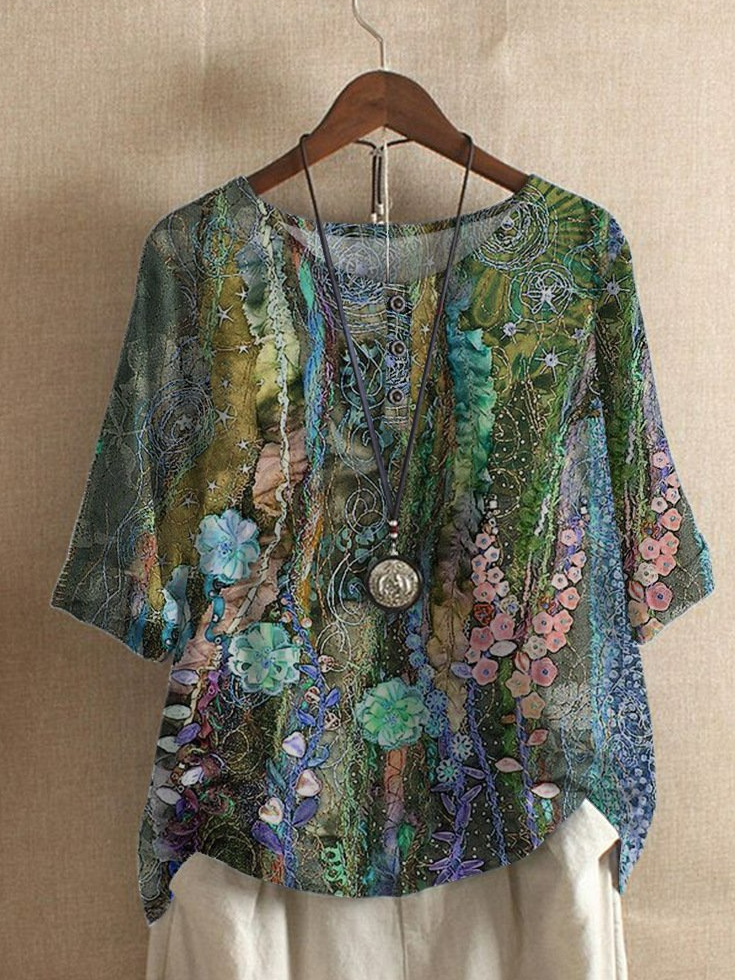 Half Sleeve Floral Casual Cotton Blends T-shirt