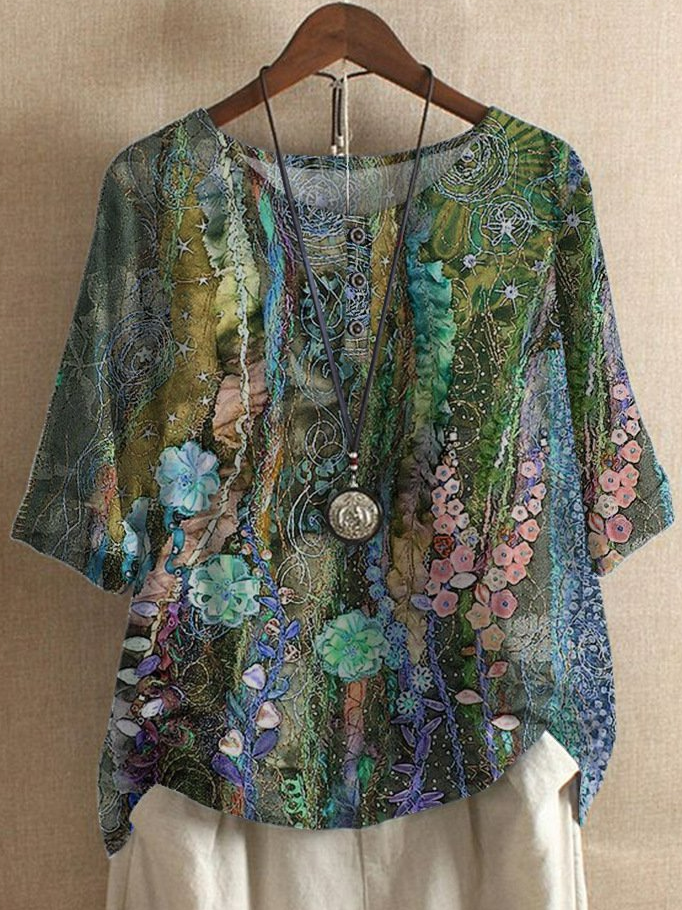 Half Sleeve Floral Casual Cotton Blends T-shirt