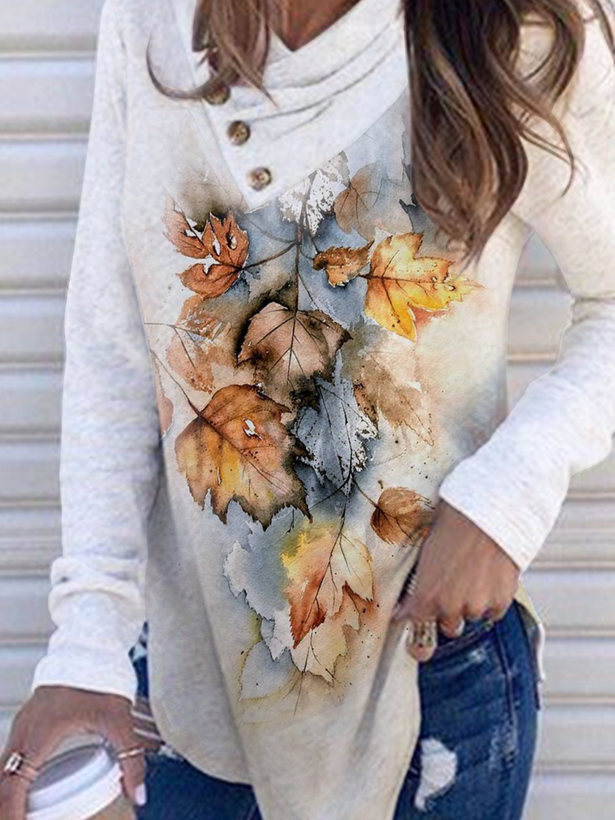 Casual Cowl Neck Plants Long Sleeve Top