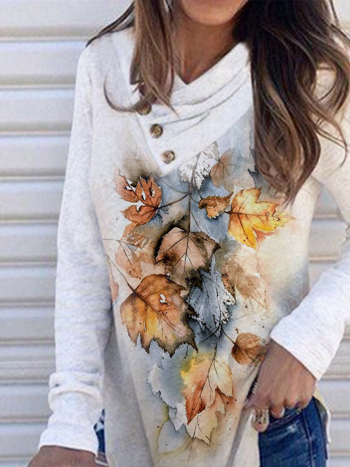 Casual Cowl Neck Plants Long Sleeve Top
