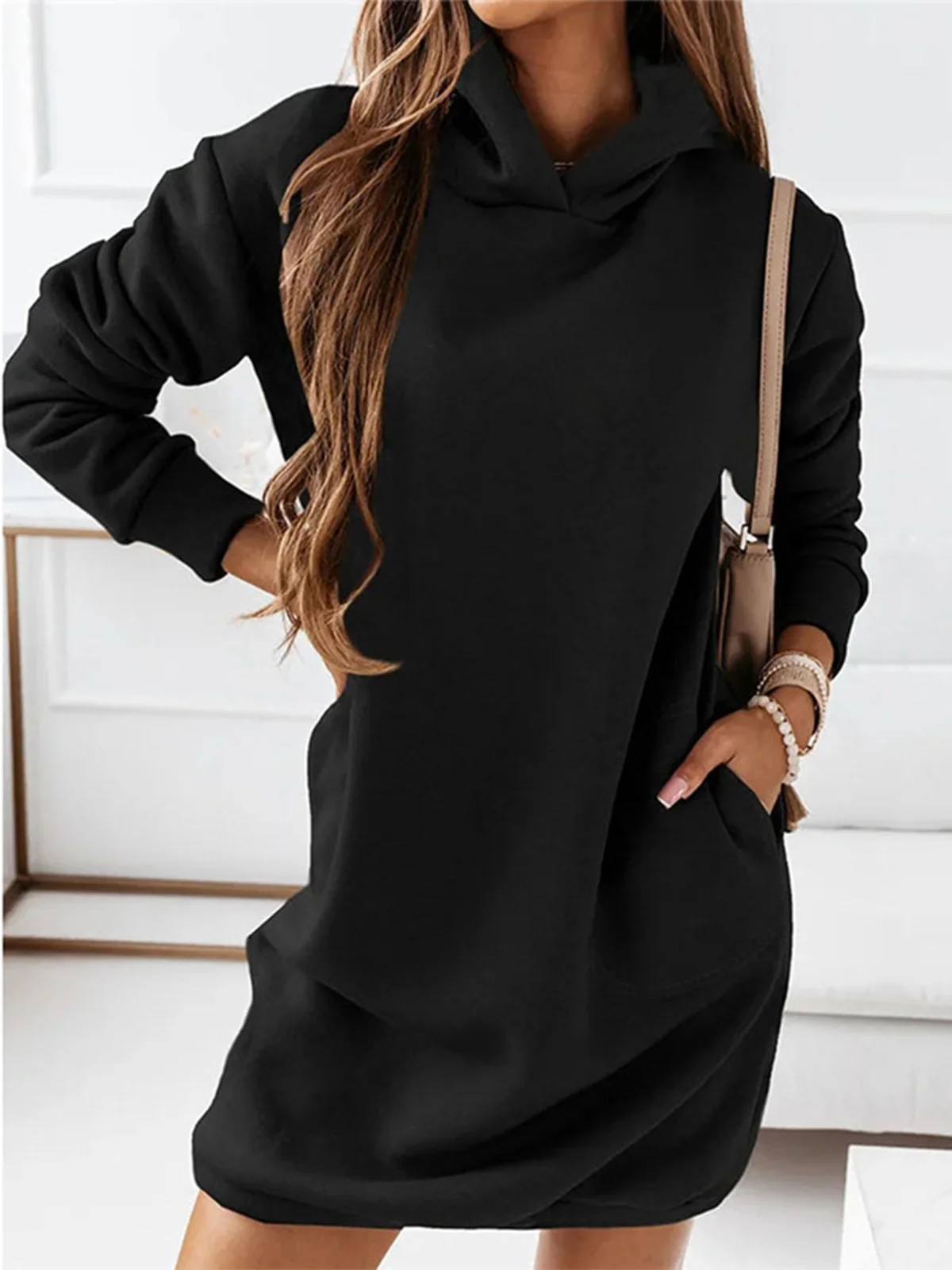 Cotton Blends Loosen Hooded Casual Fall Dress