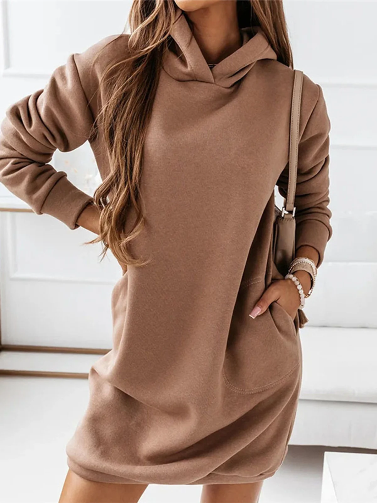 Cotton Blends Loosen Hooded Casual Fall Dress