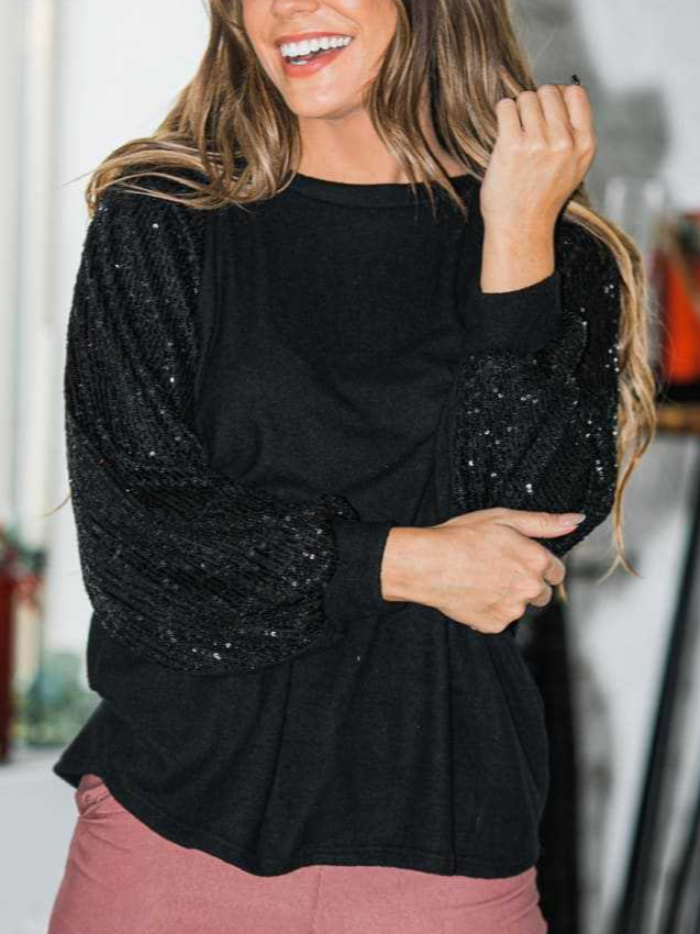 Cotton Blends Plain Loosen Crew Neck Long Sleeve Top