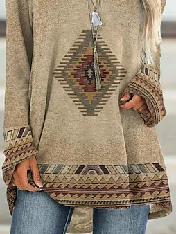 Geometric Casual Cotton Blends Long Sleeve Top