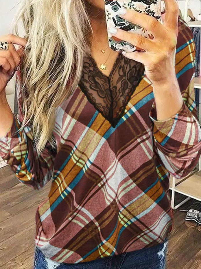 Lace Regular Fit Checked/plaid Vintage Long Sleeve Top