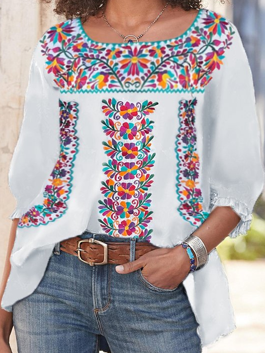 Cotton Blends Scoop Neckline Boho Floral T-shirt