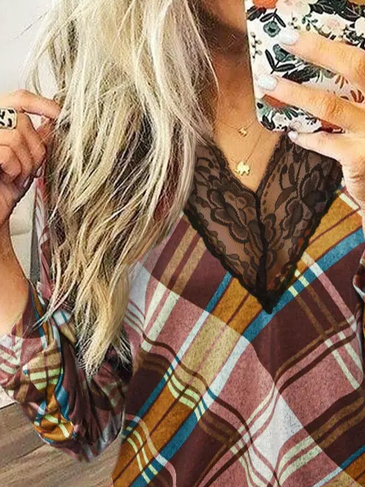 Lace Regular Fit Checked/plaid Vintage Long Sleeve Top