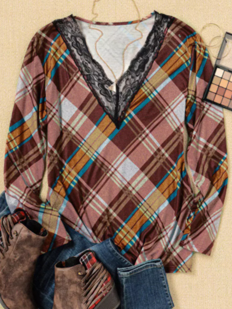 Lace Regular Fit Checked/plaid Vintage Long Sleeve Top