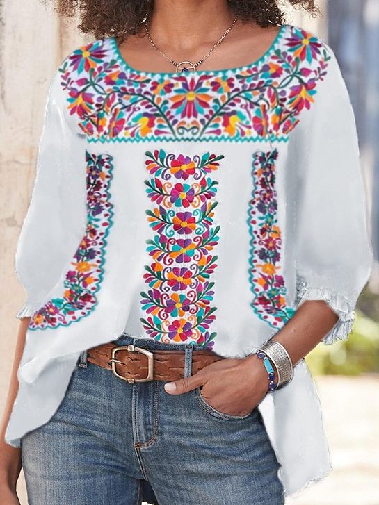 Cotton Blends Scoop Neckline Boho Floral T-shirt