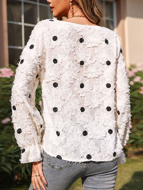 Regular Fit V Neck Polka Dots Long Sleeve Top