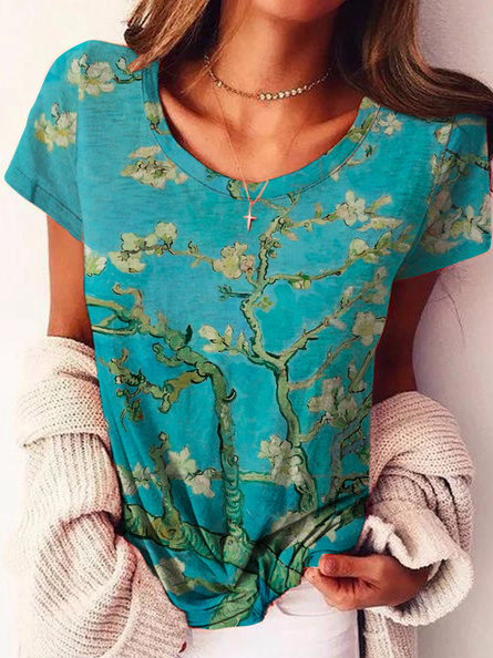 Crew Neck Regular Fit Floral Cotton Blends T-shirt