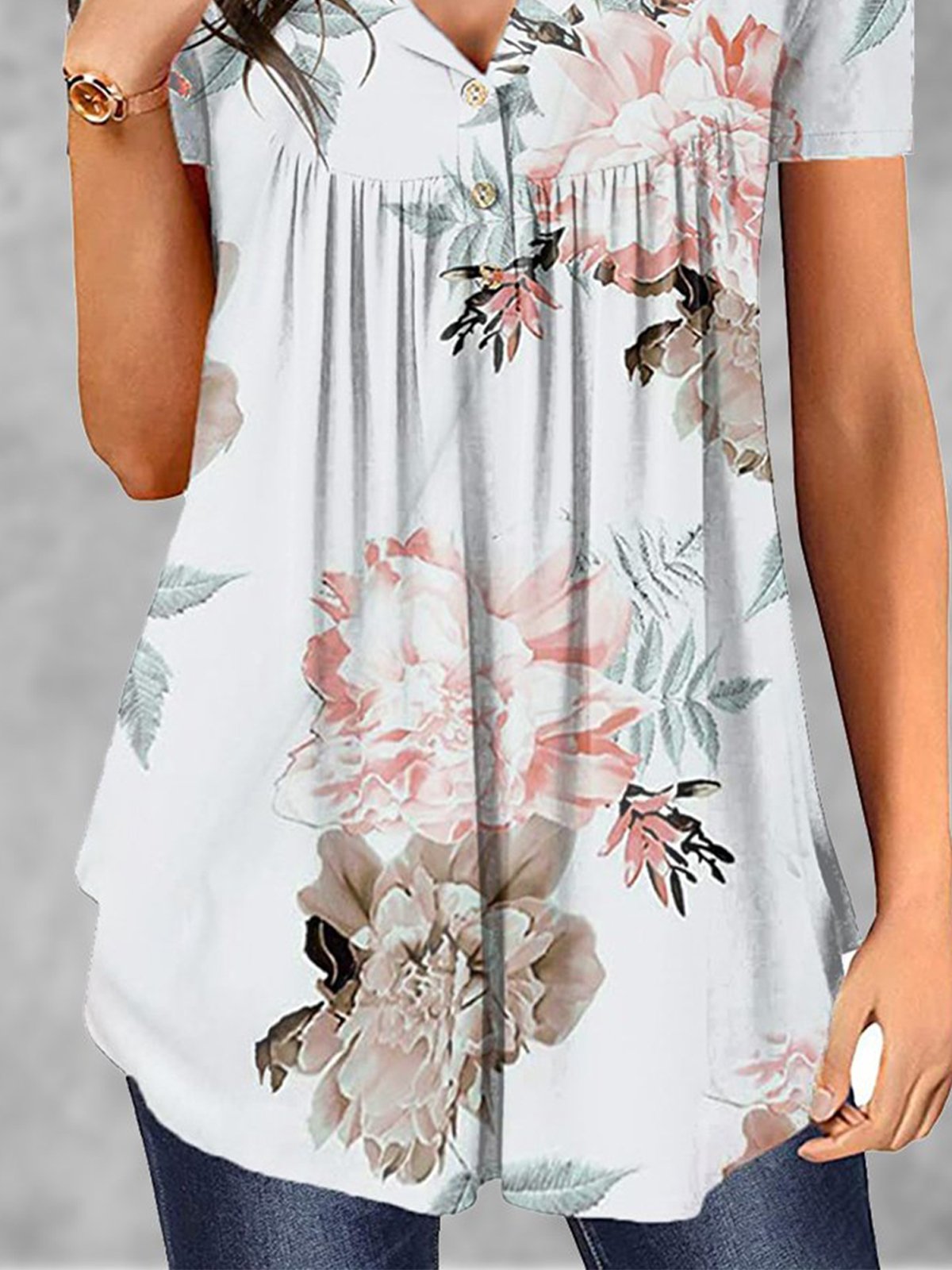 V Neck Buttoned Casual Regular Fit T-shirt